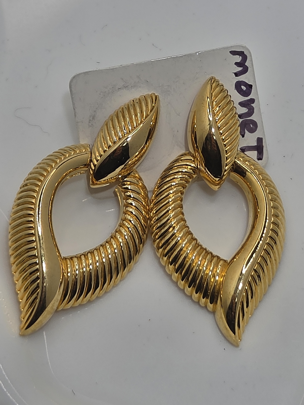 Vintage Monet Gold Tone Textured Ribbed Teardrop Statement Doorknocker Earrings